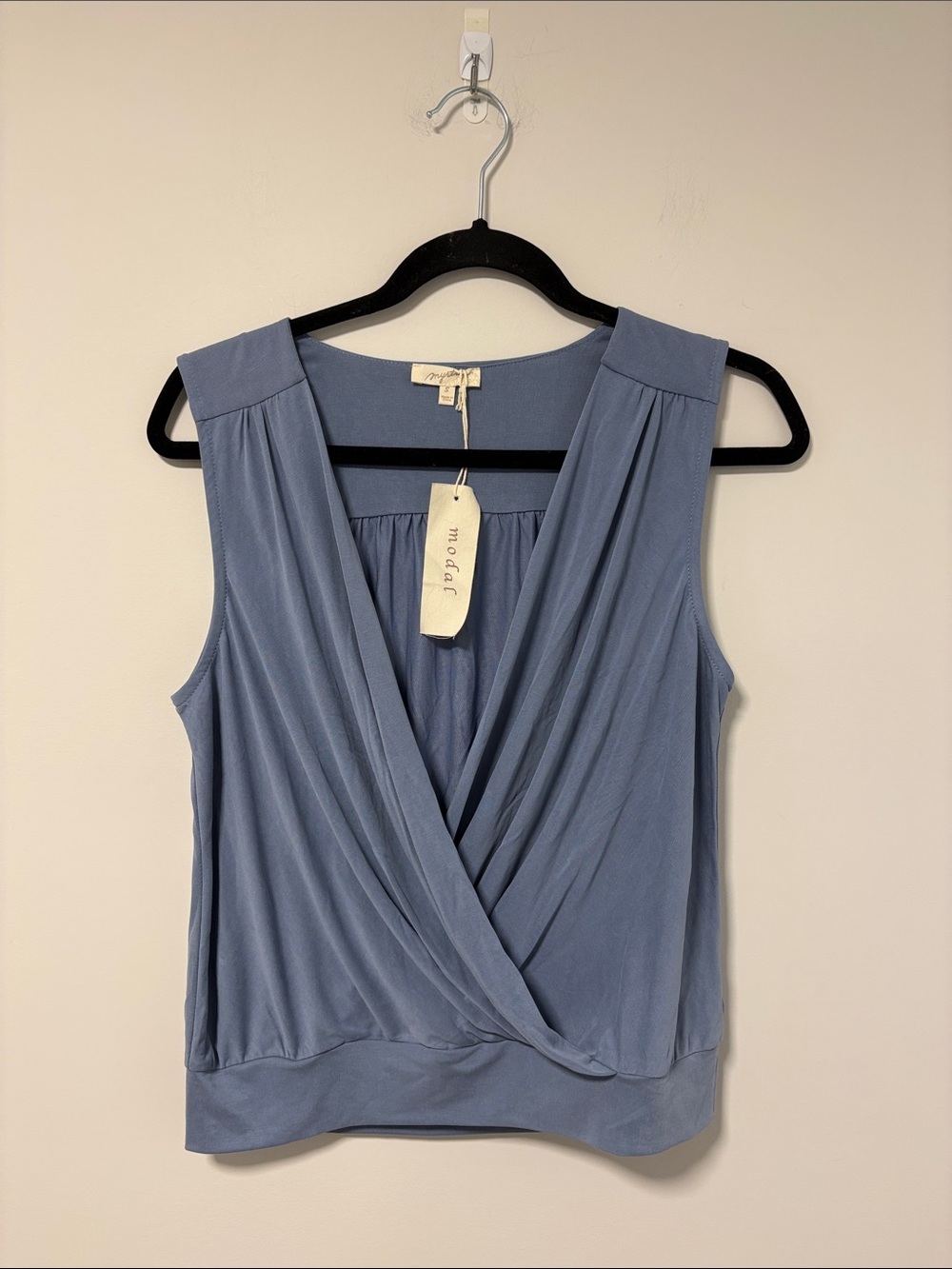 NWT Mystree Dusty Blue Wrap-Front Sleeveless Top
